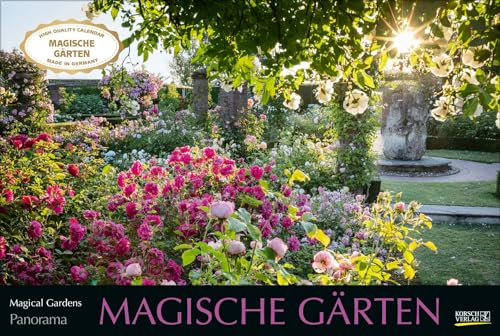 Magische Gärten 2025: Großer Foto-Wandkalender mit Bildern von verwunschenen Gärten. Edler schwarzer Hintergrund. PhotoArt Panorama Querformat: 58x39 cm.