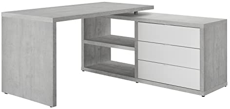 Schreibtisch mit Eckmontagemöglichkeit mit drei Schubladen und zwei Einlegeböden, weiß glänzend und Betonfarbe, 140 x 74,2 x 150 cm