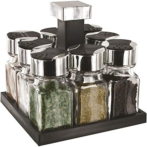 S&D KB5754 Carrousel à épices Distributeur carré rotatif 8 pots Noir gris et transparent Plastique et verre Couvercles double clapets H17 x 16 x 16 cm