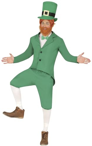 FIESTAS GUIRCA | Leprechaun Kostüm für Erwachsene - Bart, Jacke, Hose, Weste/Brustlatz und Hut - Kostüme für St. Patrick's Day, Irische Feste und Feiern - Ideal für Herren - Grün