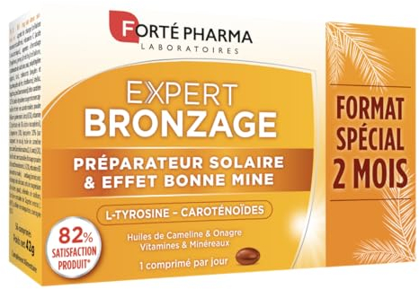 Forté Pharma - Expert Bronzage - Accelerateur de bronzage, Prolongateur de bronzage - betacarotène, Huile d'Onagre, Vitamine E B3 C, Lycopène, Oligo-éléments - 56 comprimés, 1/jour