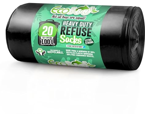 EcoBag - 20 Pack Extra Strong Heavy Duty Refuse Sacks - 100L - 33 Microns - Recyclable Bin Bags, Leak Resistant, Eco-Friendly, Durable Waste Disposal Bags for Household & Commercial Use (736x990mm)