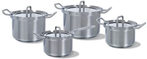 BK Q-Linair Master Glas Edelstahl Induktion kompatibel 4 Stück Kochgeschirr Töpfe und Pfannen Set mit Glas Siebdeckel, Backofen sicher bis 220C, Stay Cool Griffe, spülmaschinenfest, PFAS frei, Silber