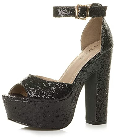 AJVANI high Heel Platform Ankle Strap peep Toe Shoes Sandals Size 6 39 Black Glitter