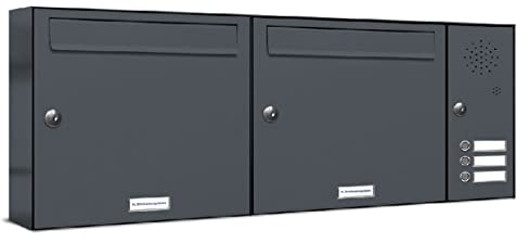 AL Briefkastensysteme 2er Briefkastenanlage mit Klingel Anthrazit Grau RAL 7016, Premium Doppel-Briefkasten DIN A4, 2 Fach Postkasten modern Aufputz