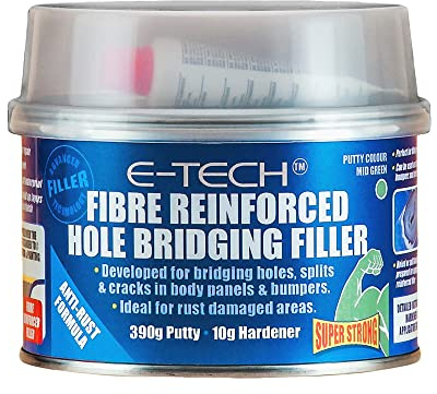 E-TECH Fibre Reinforced Hole Bridging Filler For use on bare steel and paint repairs from damaged body panels Car body repair, restoration, glass fibre, waterproof and can be over painted