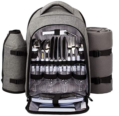 Hap Tim luxury 4 Person Picnic Backpack Picnic Rucksack Bag Hamper with Insulated Cooler Compartment includes Tableware & Fleece Blanket (EU3263-Grey)
