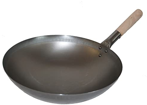 Ø 30 cm Wok, Asiatische Eisenpfanne, Küchen Wok mit Holzgriff; runder Boden