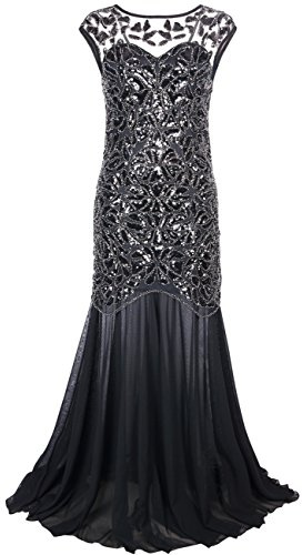 PrettyGuide Mujeres's 1920 Negro Lentejuelas Gatsby Longitud del Piso De Noche Vestido De Fiesta M Plata