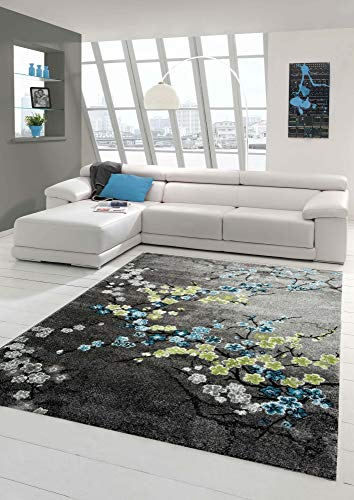 Designer Teppich Moderner Teppich Wohnzimmer Teppich Blumenmotiv Grau Türkis Grün Weiss Größe 60x110 cm