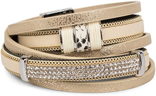 styleBREAKER Vintage Wickelarmband mit Strass, Gliederkette und Magnetverschluss, 3-Reihig, Armband, Damen 05040024, Farbe:Antik-Sand