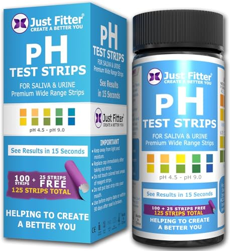 Tiras de prueba de pH para probar niveles alcalinos y ácidos en el cuerpo. Rastree y controle su nivel de pH usando saliva y orina. Obtenga resultados muy precisos en segundos. 125 tiras por botella