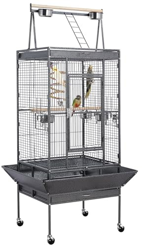 Yaheetech 69-inch Wrought Iron Rolling Large Parrot Bird Cage for African Grey Small Quaker Amazon Cockatiel Sun Parakeet Green Cheek Conure Dove Lovebird Budgie Play Top with Stand