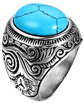 JewelryWe Schmuck Edelstahl Ring künstliche Türkis Silber Blau Motorradfahrer Einzigartig Herren, Größe 54