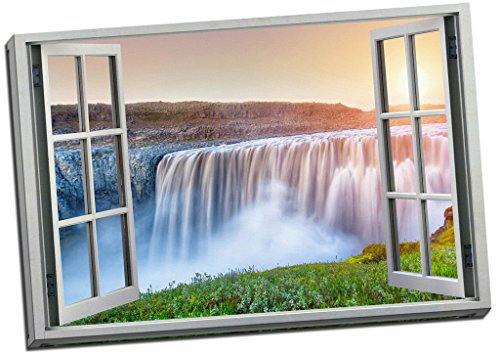 Stampa artistica da parete su tela 3D effetto finestra con cascata magica, grande, 70 x 50 cm