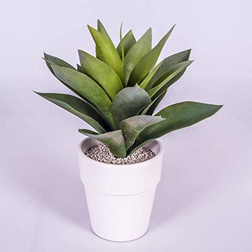 artplants.de Künstliche Agave, 20 Blätter, grün, im weiß Terracotta Topf, 30cm - Kunstpflanze Agave - Künstlicher Kaktus