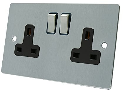 AET FSC2GSOCBS Satin Chrome Flat Black Insert Metal Rocker Switches-13 Amp Double 2-Gang Plug Socket, 240 V