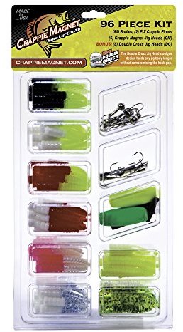 Crappie Magnet 96-teiliges Set, 80 Körper, 2 E-Z-Schwimmer, 6 Crappie Magnet Jigköpfe, 8 Doppelkreuz-Jigköpfe, Süßwasser-Angelausrüstung und Zubehör