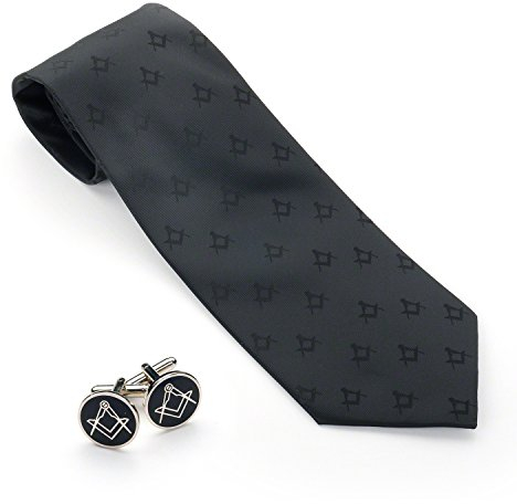 THE MASONIC COLLECTION – Schwarze Krawatte und Manschettenknöpfe der Freimaurer – 100% gewebtes Polyester mit Zirkel- und Winkeldesign – Ideale Freimaurergeschenke für Männer
