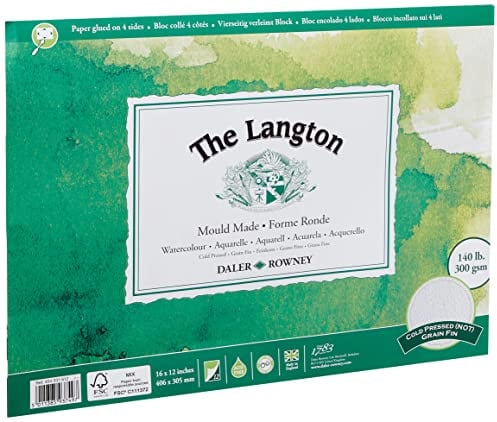 Daler-Rowney The Langton Watercolour Paper, Cold Pressed, 300 gsm, 140lb, Pad, Glued 4 Sides, 16 x 12in - 40.6 x 30.5 cm, Natural White, 12 Sheets