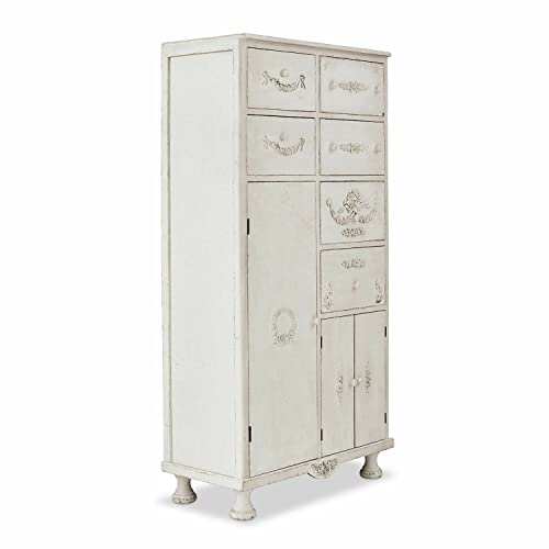 Loberon Schrank Hillrose, sechs Schubladen & DREI Türen, wunderschöne Stuckelemente, EIN Hauch von Barock, im Antik-Stil, Aufbewahrung, Polyresin, Kiefernholz, antikweiß