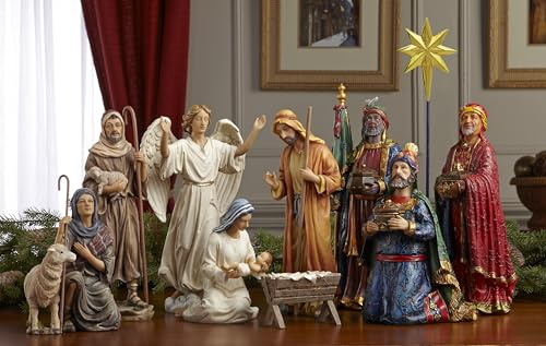 Three Kings Gifts 11-Piece Real Gold Christmas Nativity Scene Set, 10-Inch Scale Polystone Holy Family, Magi Wise Men, Angel, and Shepherds, Complete Holiday Tabletop Creche Figures Display