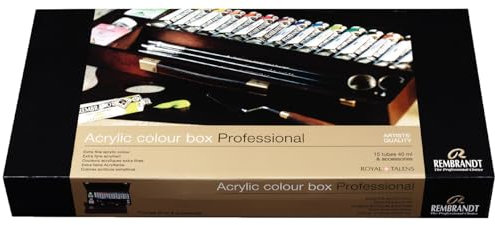 Rembrandt Set de Peinture Acrylique Professionnelle dans une Boîte en Bois de Luxe Professionnelle | 15 Tubes (40 ml) + Pinceaux & Accessoires
