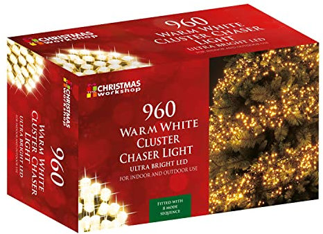 The Christmas Workshop 71820 960 Warm White LED Chaser Cluster Christmas Lights / Indoor and Outdoor Fairy Lights / 13.9 Metres Long / 8 Light Modes / Christmas, Weddings, Gardens & More