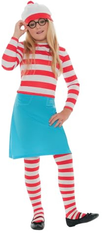 Smiffys Where's Wally? Wenda Child Costume, Red & White with Hat, Top, Skirt, Glasses & Tights, Officially Licensed Where's Wally Fancy Dress, Child Wheres Wally Dress Up Costumes