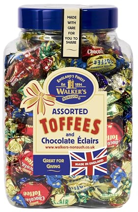 WALKERS NONSUCH Assorted Toffees and Chocolate Eclairs | Traditional Creamy Toffee Selection | Individually Wrapped Sweets | Bulk Sharing Jar for Parties & Gifts