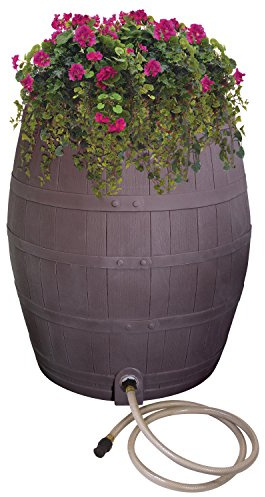 Rescue 50-Gallon Whiskey Rain Barrel – Includes Planter, Rain Water Diverter, Outlet Hose – Flatback Design – Brown