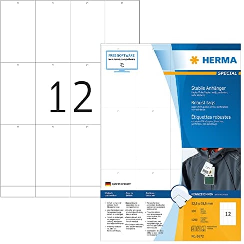 HERMA 6872 Stabile Anhänger perforiert, 100 Blatt, 52,5 x 93,5 mm, 12 pro A4 Bogen, 1200 Stück, bedruckbar, matt, blanko Preisanhänger Produktanhänger aus Papier/Folie/Papier-Verbund, weiß