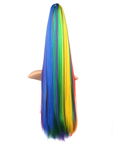 MapofBeauty Regenbogenfarbige lange gerade geheftet auf Pferdeschwanz/Cosplay Perücke (Pferdeschwänze)
