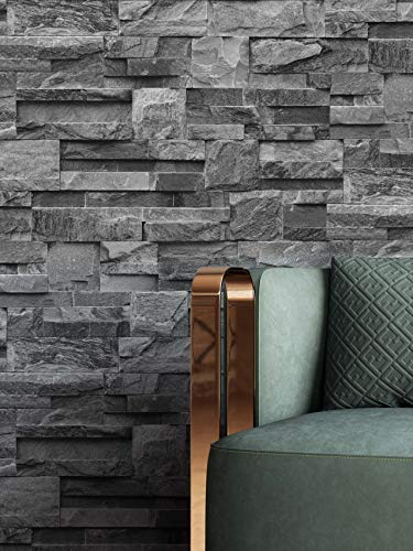 Steintapete Anthrazit, schöne edle Tapete im Steinmauer Design, moderne 3D Optik für Wohnzimmer, Schlafzimmer oder Küche inklusive Newroom Tapezier Profibroschüre, mit Tipps für perfekte Wände