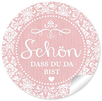 24 STICKER: Schön, dass du da bist Schöne Etiketten im Shabby Chic gestreiften Packpapier Retro Look in zartem rosa mit Herz und Ornamente (4 cm, rund, matt) Für Gastgeschenke oder Tischdeko