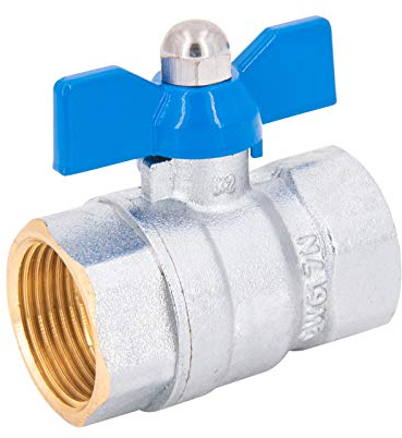 3/4“ Kugelhahn I Messing verchromt I blauer Flügelgriff I voller Durchgang I PN 25 I BSP I 2 x Innengewinde I FF