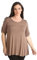 New Womens Plus Size Stretch Fit Round Neck Plain Button Tops Ladies Three Quarter Turn Up Sleeve T-Shirt Top Mocha Size 26-28