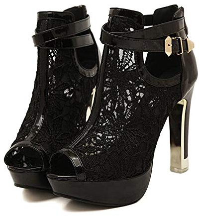 getmorebeauty Women's Pretty Lace Flowers Open Toes High Heels Ankle Boots (US 6, Black)