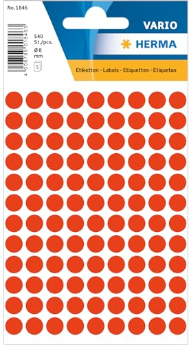 HERMA 1846 Punktaufkleber Klebepunkte leuchtrot, 540 Stück, Ø 8 mm, 108 pro Bogen, selbstklebend, Markierungspunkte für Kalender Planer Basteln, matt, blanko Papier Farbpunkte Etiketten Aufkleber