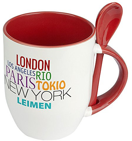 digital print Städtetasse Leimen - Löffel-Tasse mit Motiv Famous Cities in The World - Becher, Kaffeetasse, Kaffeebecher, Mug - Rot