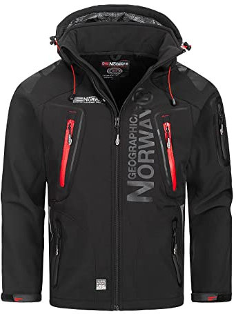 Geographical Norway TECHNO MEN - Giacca Softshell Zip Impermeabile Da Uomo - Cappuccio Traspirante - Giacca Tattico Antivento Calda Invernale - Ideale Per Le Attività All'aperto (NERO M)