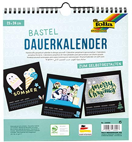 folia 23690 - Dauerkalender, Bastelkalender mit Spiralbindung, ca. 23 x 24 cm, schwarz mit silbernem Druck, für Bilder und Fotos bis max. 13 x 18 cm