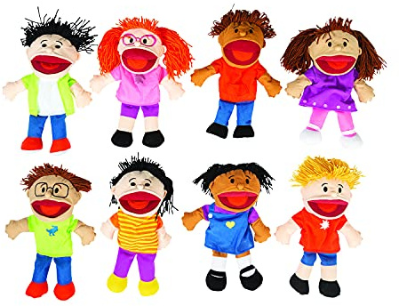 Fun Express Hand Puppets for Kids - 8 Multicultural Plush Puppets with Movable Mouths for Speech Therapy, Social Emotional Learning & Dramatic Play | 14 Inch Educational Toys for Classroom & Home Use