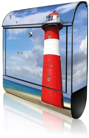 banjado Design Briefkasten 38,5x46,5x13cm & 2 Schlüssel - Briefkasten Stahl Schwarz mit Zeitungsfach pulverbeschichtet - Postkasten A4 Einwurf inkl. Montagematerial - Motiv Leuchtturm Westkapelle
