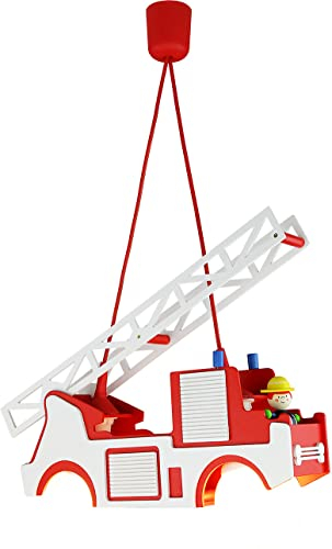 Elobra Deckenlampe Feuerwehr mit Feuerwehrmann, Pendellampe, Hängelampe, Lampe für Kinder, Kinderzimmerlampe, mit E27 Fassung, Rot