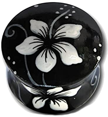 CHICNET Damen Herren Plug Flesh Tunnel Ohr Piercing aus Teakholz, handbemalt mit Hibiskus Hawaii Blume, schwarz weiß, double flared, 6mm bis 25mm