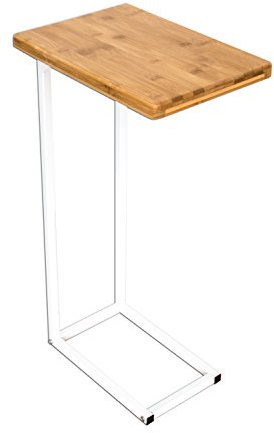 bonVIVO® Beistelltische fürs Wohnzimmer, C-Form Sofatisch Nachttisch Betttisch Laptoptisch in Moderner Edelstahl-Naturholz Kombination mit Stahlgestell, 35x25x65(BxTxH), Weiße Tischbeine