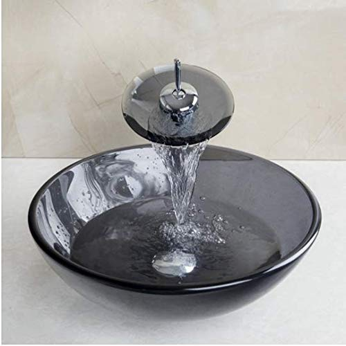 Gowe schwarz rund gehärtetem Glas Waschbecken Set transparent Waschbecken aus Sekuritglas und Wasserfall Bad Wasserhahn