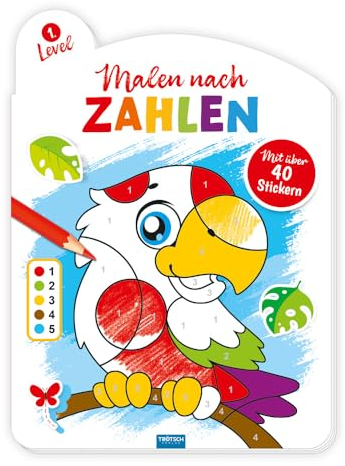 TRÖTSCH - Malen nach Zahlen - Level 1 | Malen nach Zahlen Malbuch zum Zahlenlernen mit nummerierten Flächen: Ausmalbuch mit Stickern zum Verschönern der Tiermotive | Ab 3 Jahren