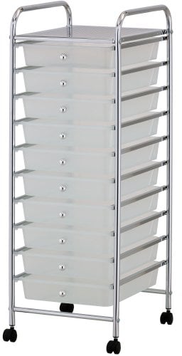 VonHaus Storage Trolley, 10 Drawer White Wheeled Makeup Trolley, Durable Storage with Plastic Drawers, Chrome Frame & 360° Wheels, Versatile Organiser for Bedroom, Bathroom, Home Office